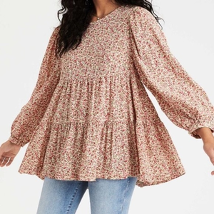 American Eagle Floral Cut Out Back‎ Blouse Womens XS Cottagecore Tiered Babydoll